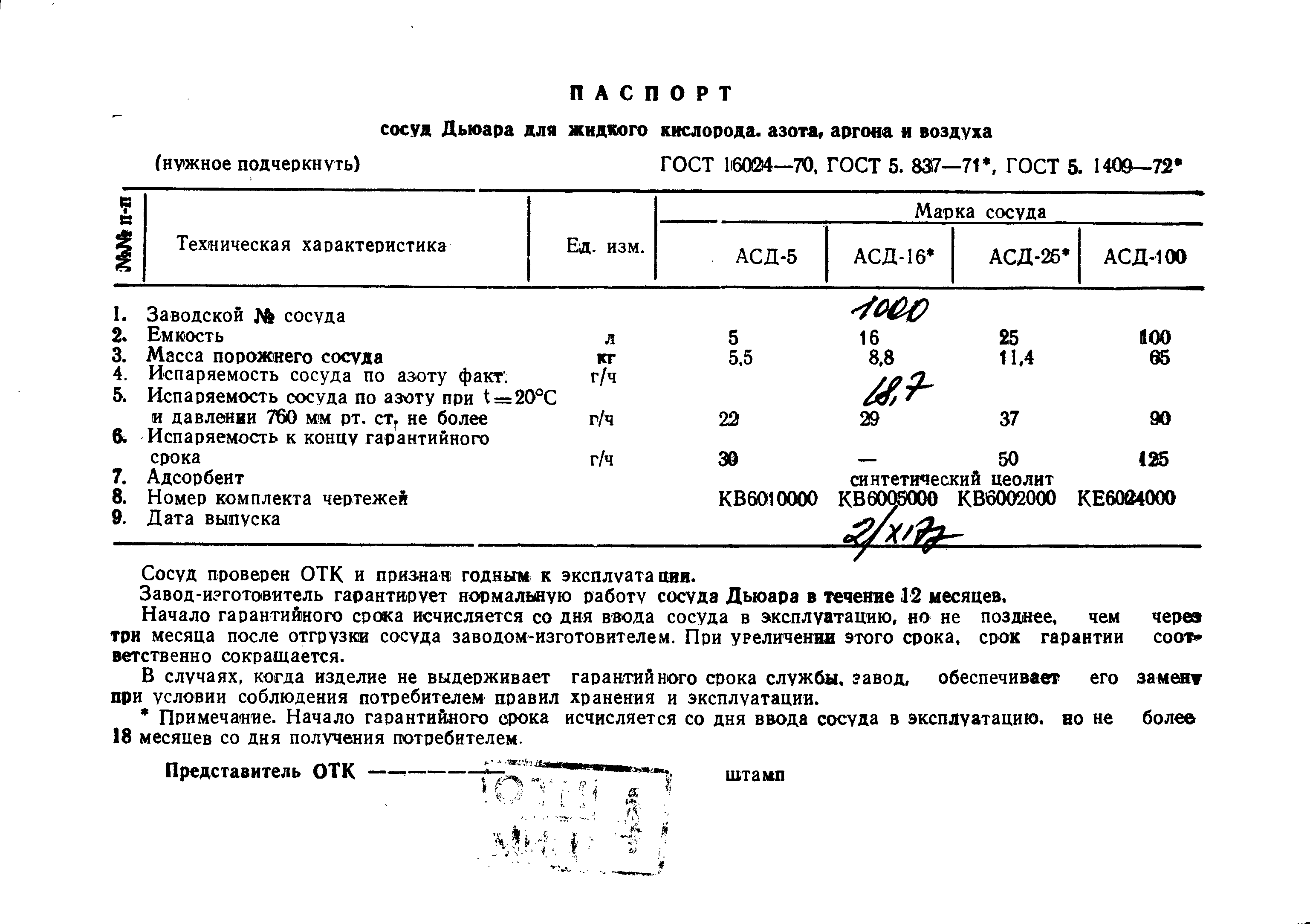 Параметры сосуда. Сосуд Дьюара паспорт. Штамп отдела технического контроля. Паспорт сосуд АСД 15. Гарантийный срок на жидкий азот.